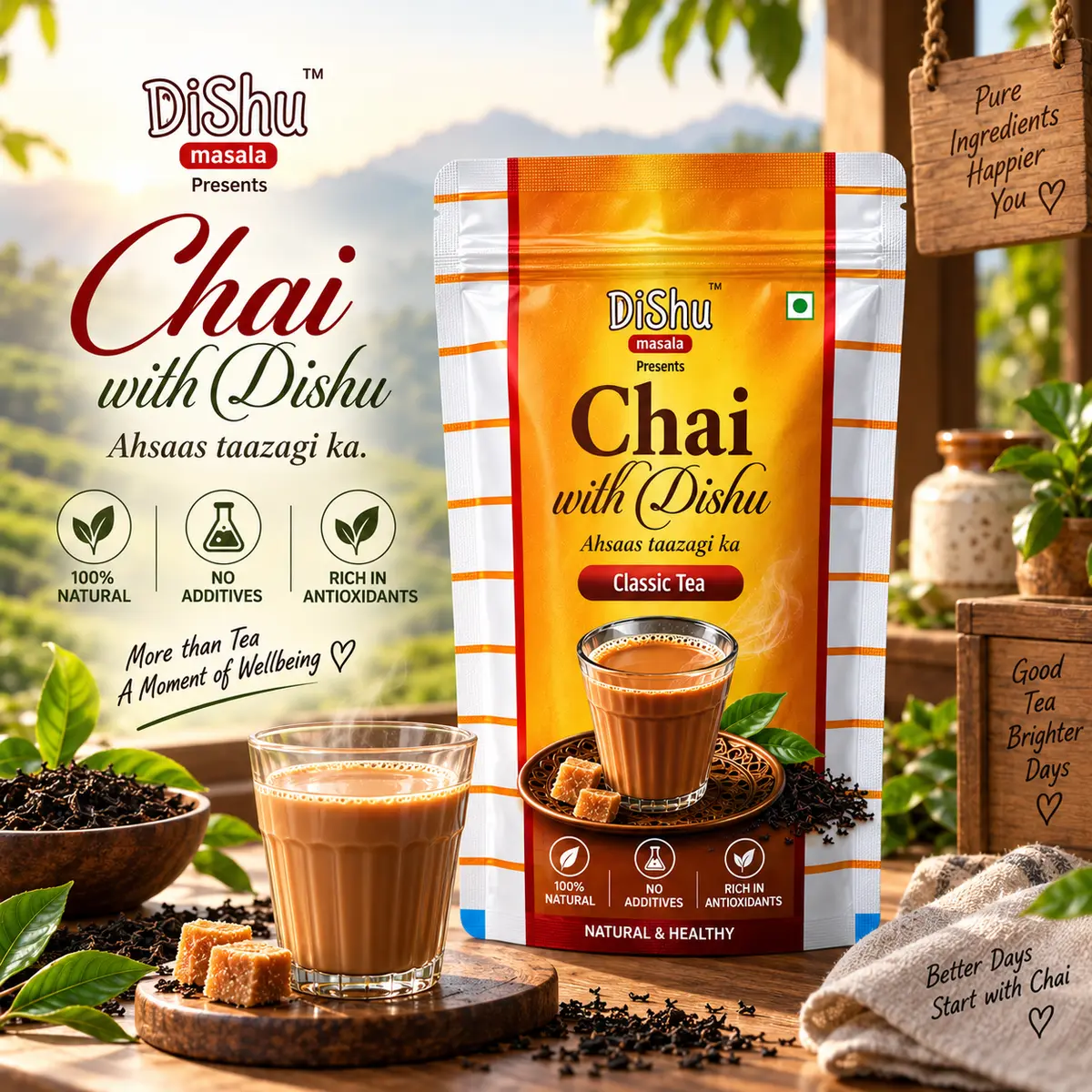 Dishu Masala Classic Tea  pack (orange design) beside a glass of chai with jaggery cubes, with badges for 100% natural, no additives and rich in antioxidants, and the tagline 'More than Tea, A Moment of Wellbeing'.