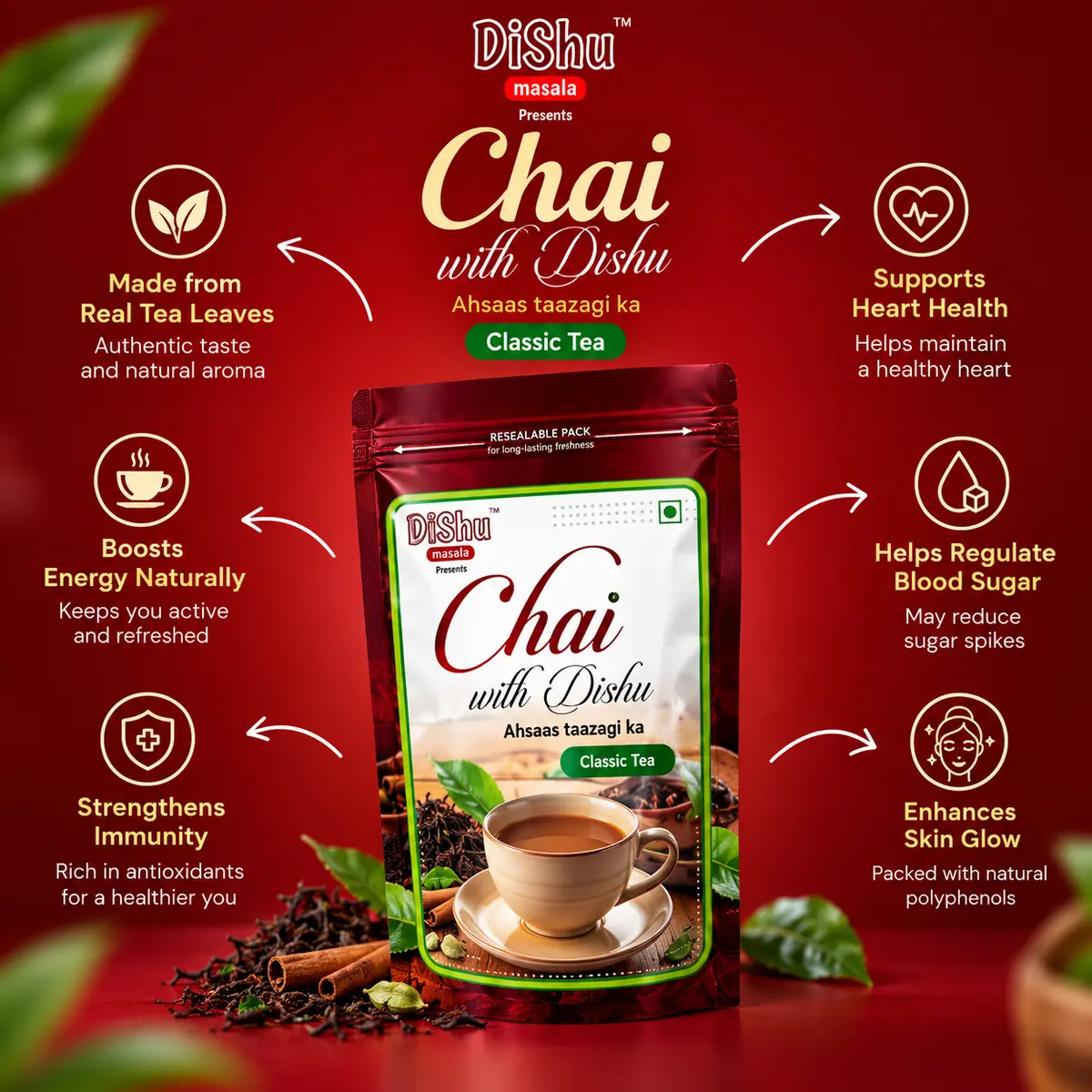 Infographic on a Dishu Masala Classic Tea  pack listing claimed benefits — made from real tea leaves, supports heart health, boosts energy naturally, helps regulate blood sugar, strengthens immunity, and enhances skin glow.